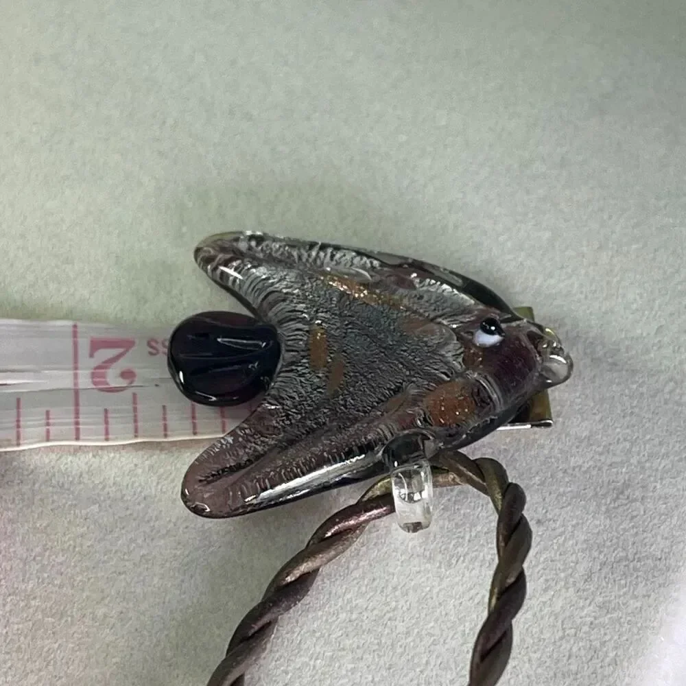 RMN glass ornate fish metallic twisted leather cord necklace.